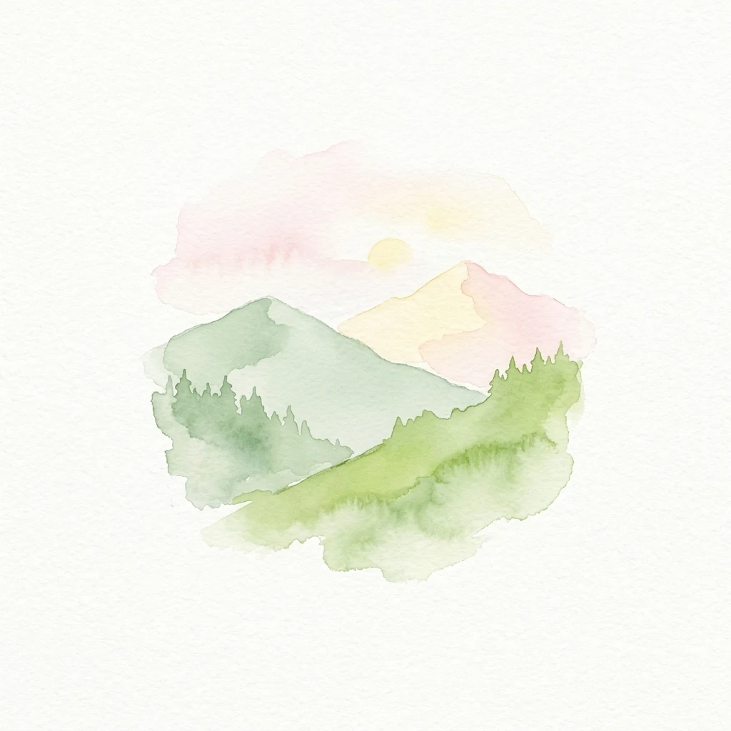 Watercolor illustration of mountain landscape with green hills, forested areas, and a pink and yellow sky