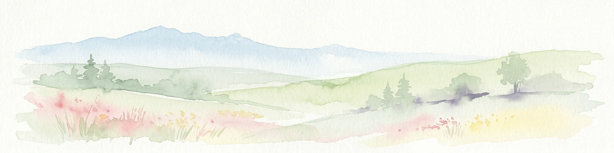 Ilustración en acuarela de colinas ondulantes, montañas distantes, campos verdes, árboles dispersos y flores silvestres de colores