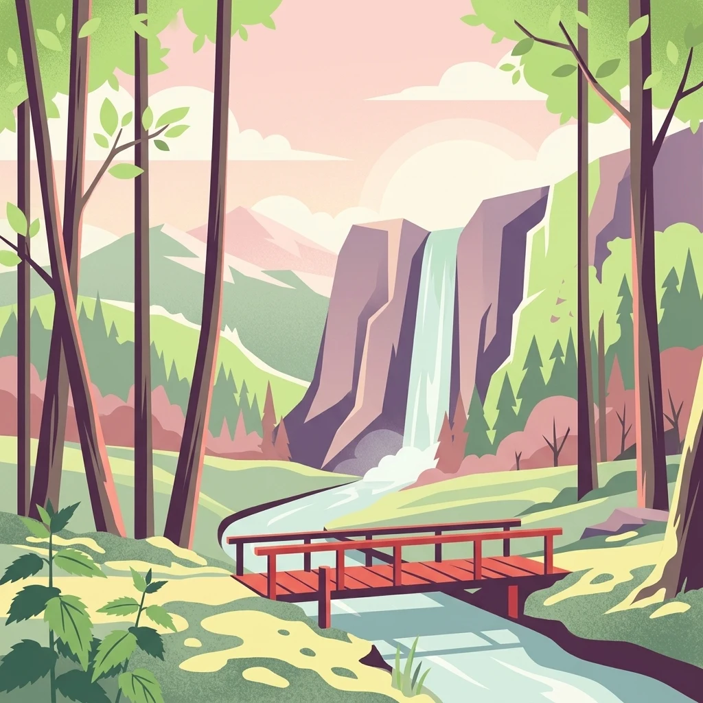 A flat-style digital illustration of a waterfall flowing down a rocky cliff into a river, with a wooden footbridge in the foreground crossing the water, surrounded by tall trees under a soft-toned sky.