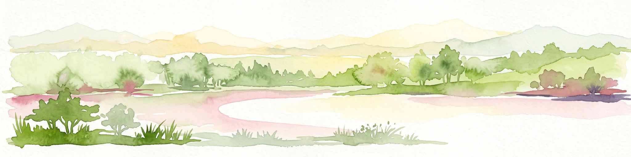 Watercolor illustration of a serene river landscape with green trees, grassy banks, and rolling hills in the background.