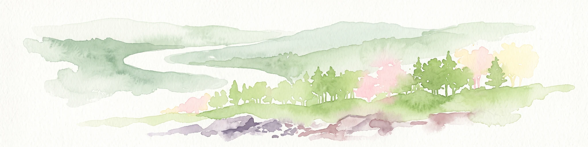 A wide watercolor illustration showing a winding river, a line of green trees, and soft rolling hills in pastel green, pink, and purple tones against a white background.