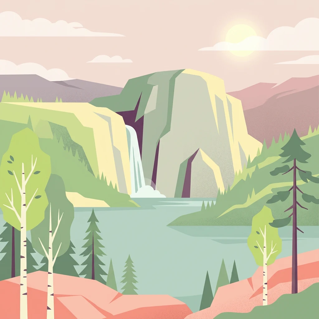 Ilustración que muestra una cascada fluyendo desde un acantilado rocoso hacia un lago, rodeado de pinos y abedules verdes bajo un cielo despejado con nubes dispersas
