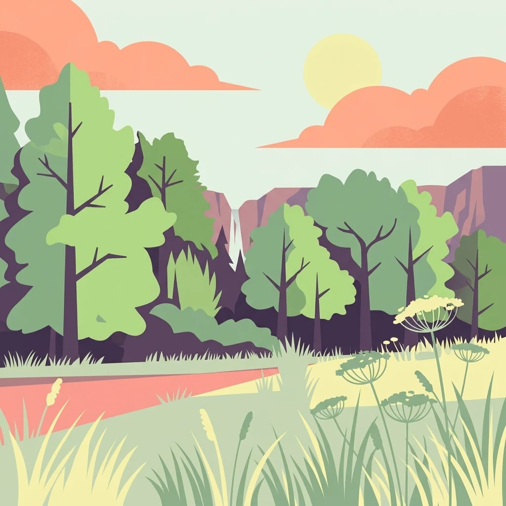 A flat-style digital illustration of a peaceful landscape featuring a forest, a distant waterfall, rolling hills, and flowering plants in the foreground under a stylized sun.