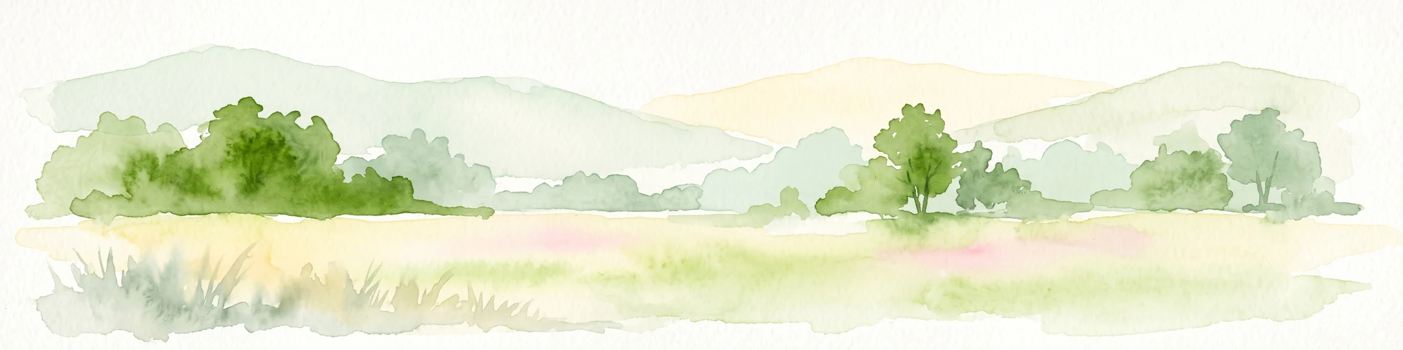 Una ilustración en acuarela que representa un paisaje panorámico con una pradera dorada en primer plano y suaves colinas verdes al fondo.