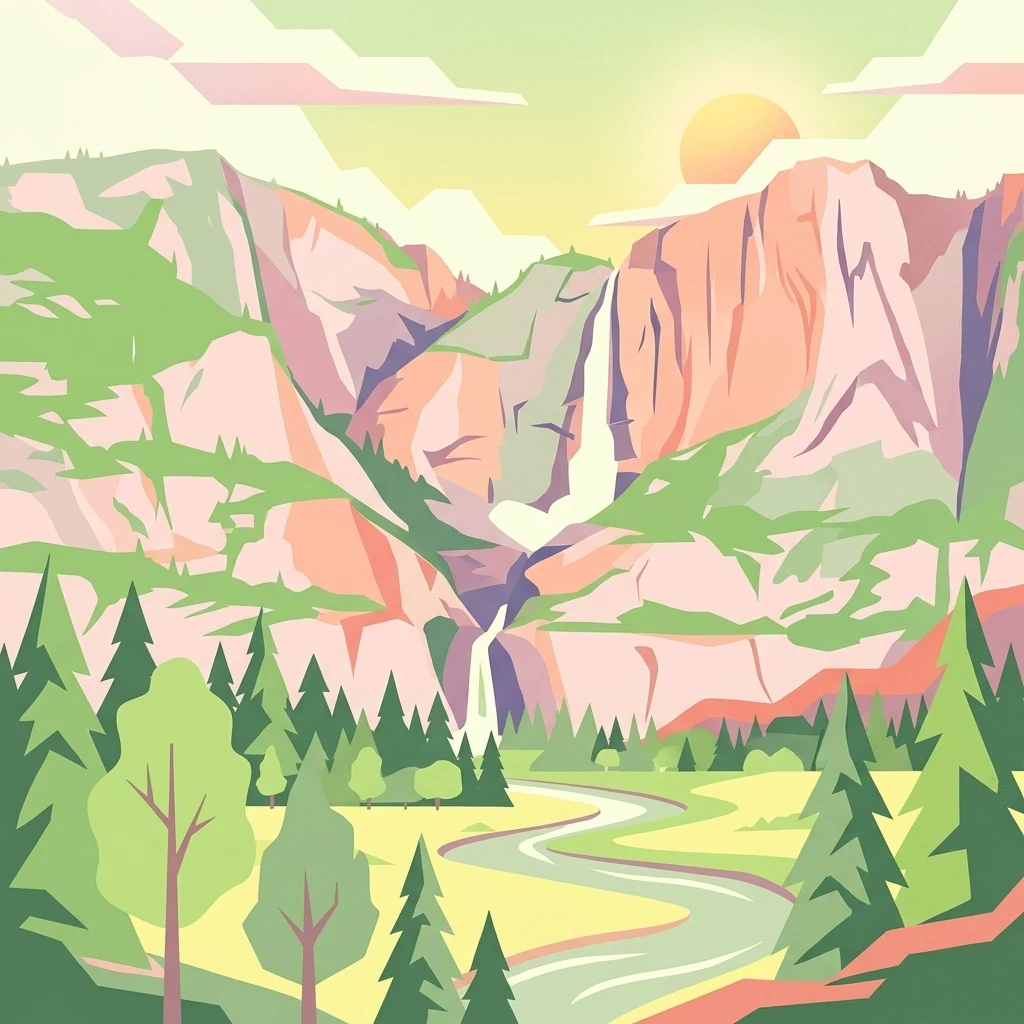 Una ilustración vectorial artística y estilizada de un dramático valle de montaña con una cascada que fluye por los acantilados hacia un río que serpentea a través de una pradera boscosa.