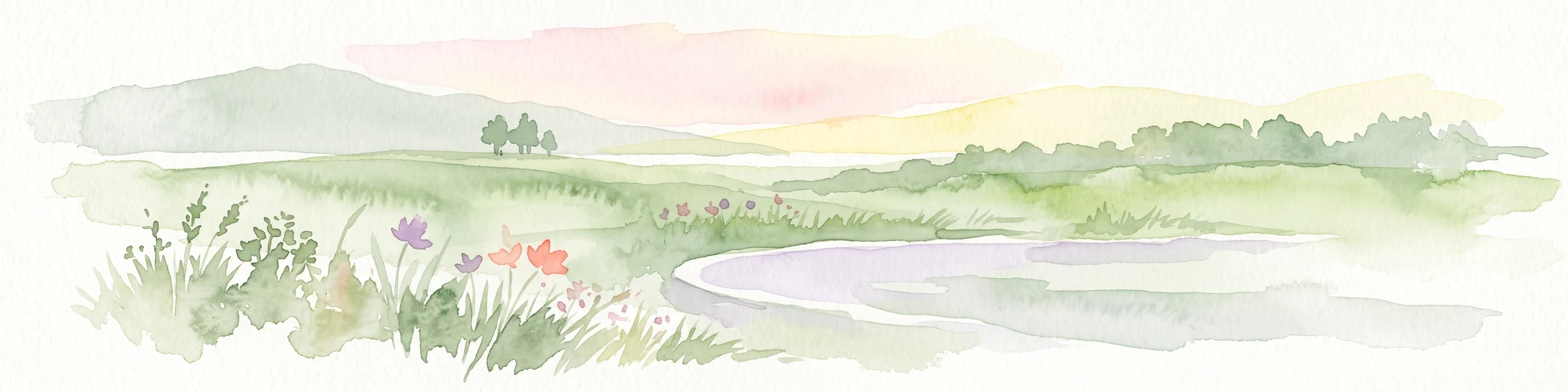 A soft, pastel-colored watercolor painting depicting a gentle landscape with a small pond in the foreground, grassy meadows, and distant rolling hills under a pale sky.