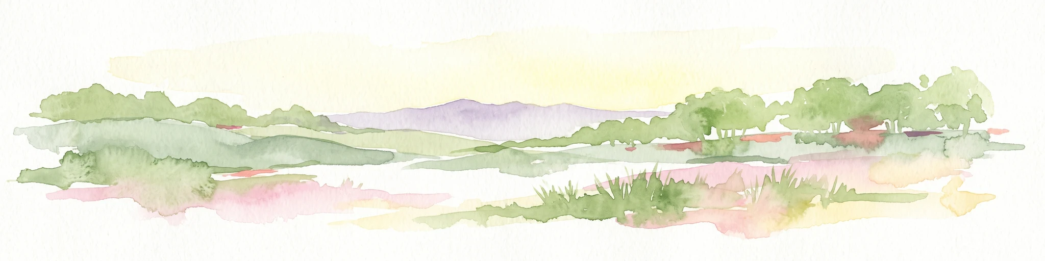 Watercolor painting of a low-lying saline landscape with soft green vegetation, rolling hills in the background, and a warm yellow sky.