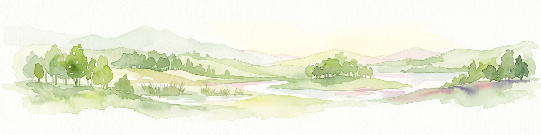 Watercolor painting of a pastoral landscape featuring rolling green hills, patches of trees, and a river flowing through the center.