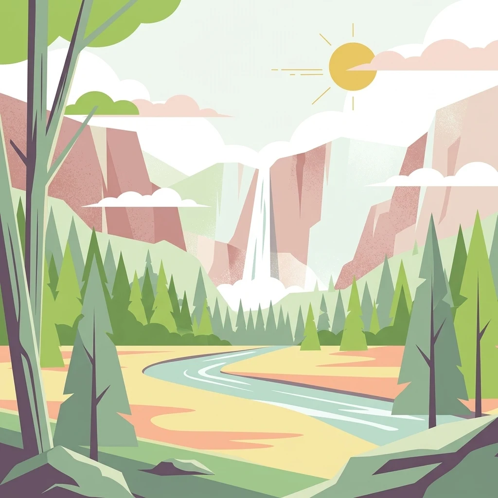 A flat vector illustration of a valley with a river in the foreground, pine trees, a waterfall flowing from rocky cliffs in the background, and a bright sun in the sky.