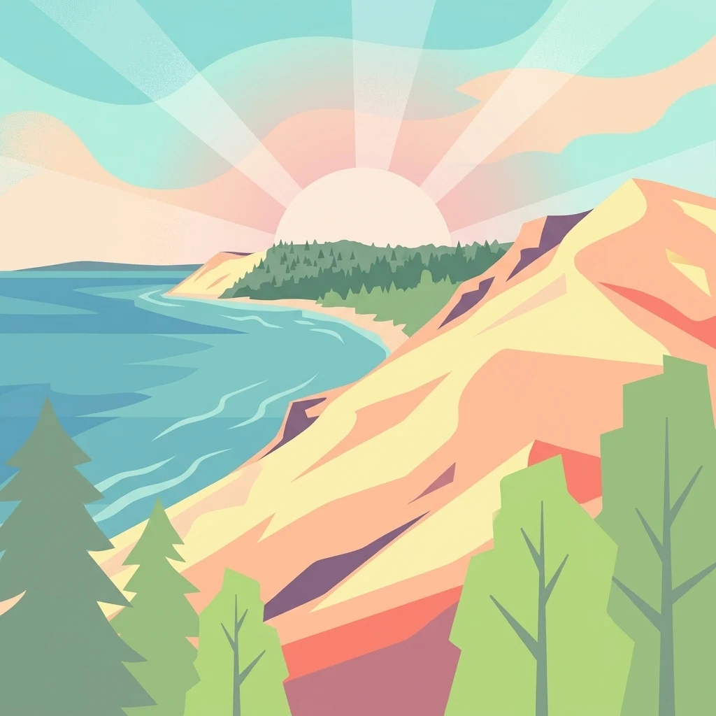An artistic, stylized illustration of large, light-colored sand dunes sloping down toward a blue lake with a treeline of green forest in the distance and a soft sunset in the sky.