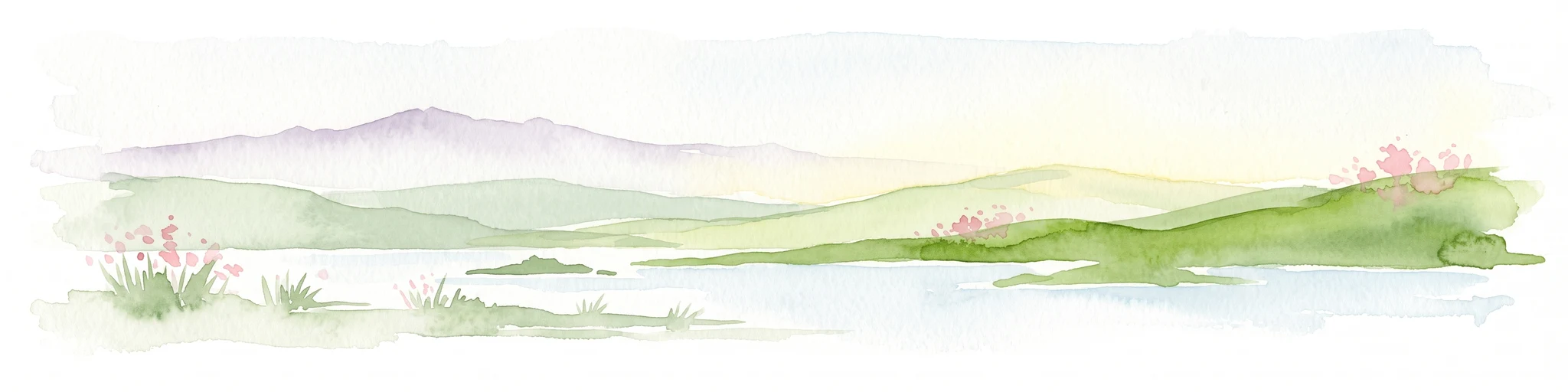A soft watercolor painting showing green rolling hills, a calm body of water, and small clusters of pink flowers against a light, hazy background.
