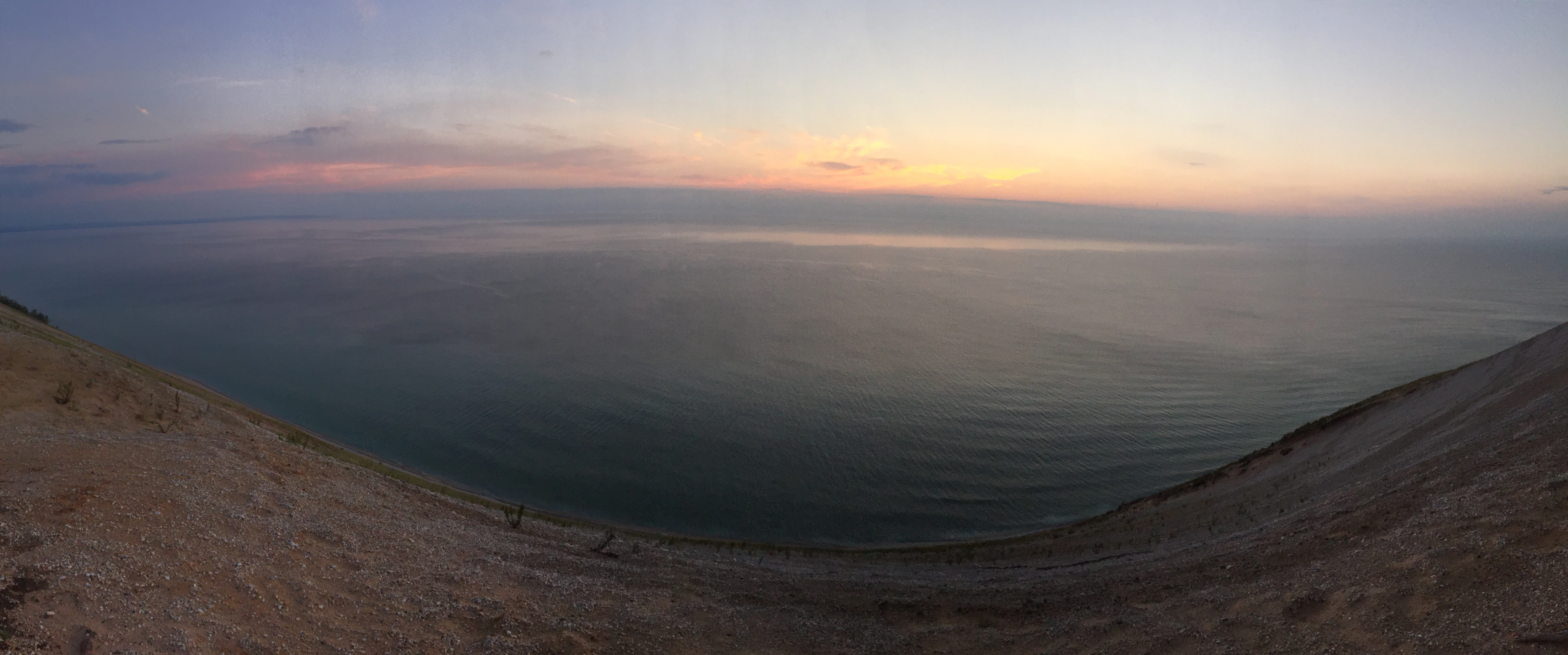 Panoramic view of Lake Michigan at sunset, taken from the high sandy dunes of Sleeping Bear Dunes National Lakeshore.