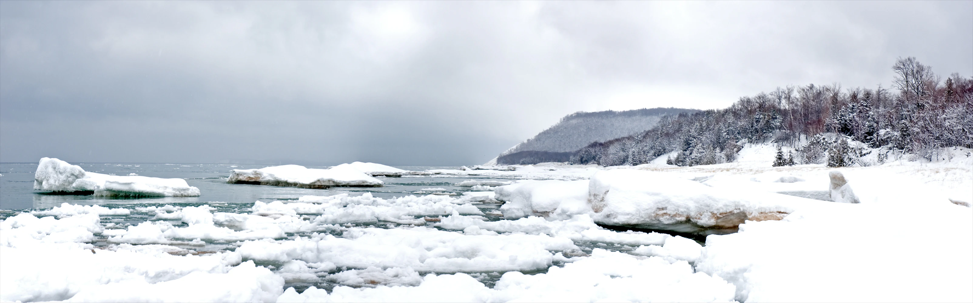 A snowy winter landscape showing chunks of ice floating in the waters of Lake Michigan near a shoreline covered in snow and frost-covered trees.