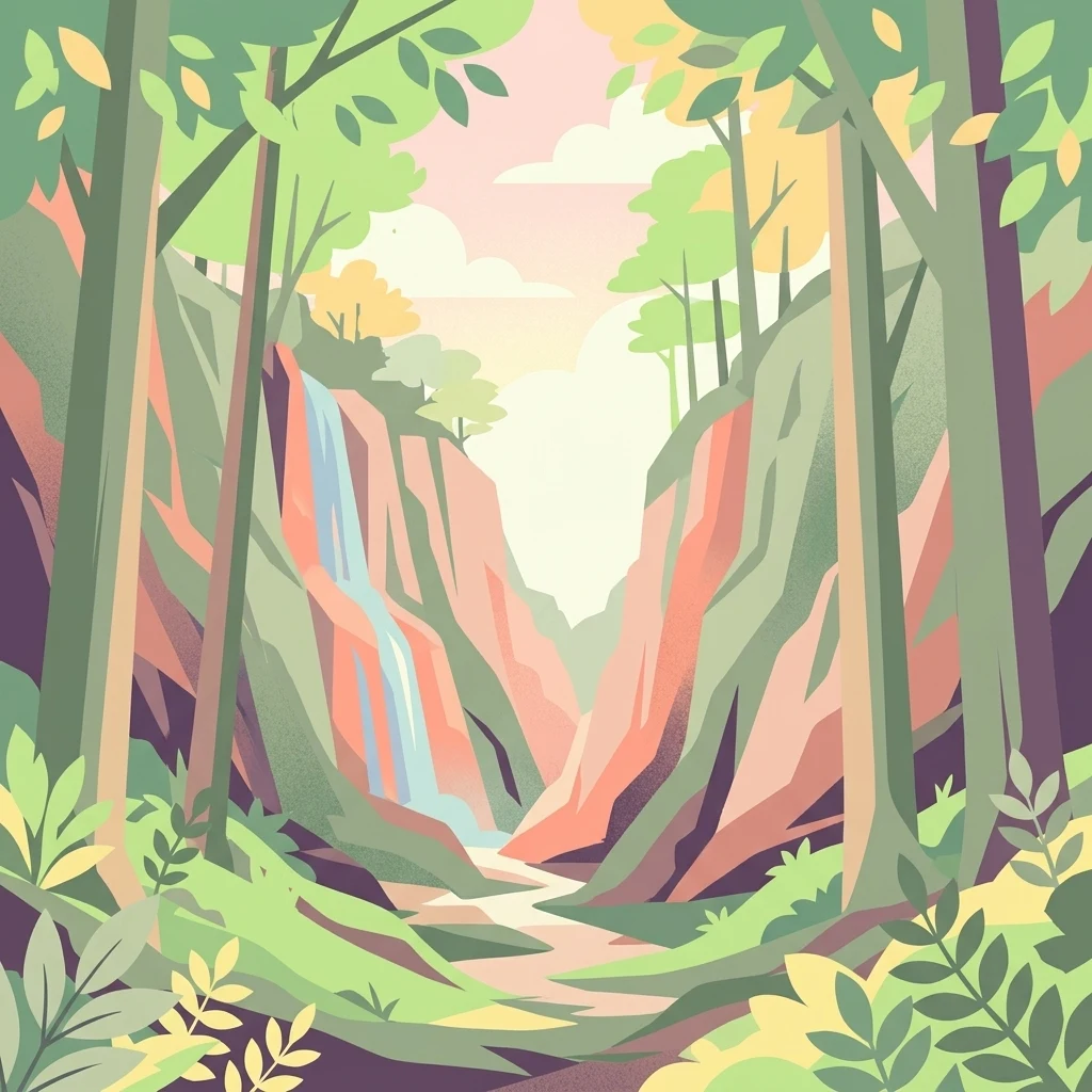 Una ilustración digital de estilo plano de un cañón boscoso con una pequeña cascada que desemboca en un arroyo, enmarcado por árboles en primer plano.
