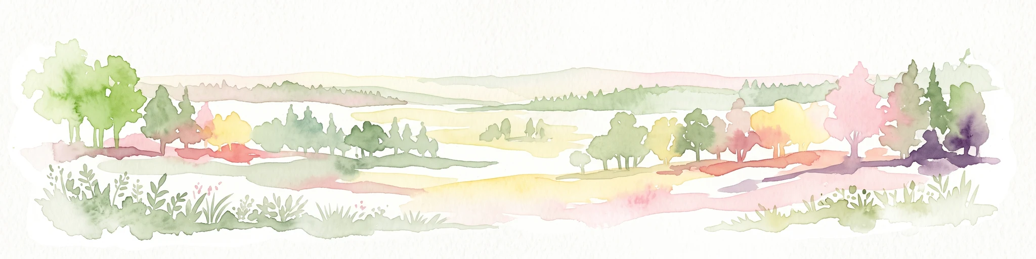 A soft, light-filled watercolor painting of a rolling Czech landscape featuring deciduous trees, grassy meadows, and distant hills.