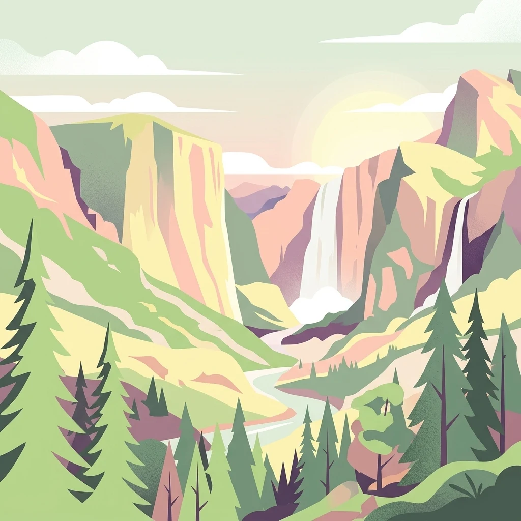 A flat-style vector illustration of a dramatic mountain valley with two cascading waterfalls, a winding river, and a dense pine forest in the foreground.