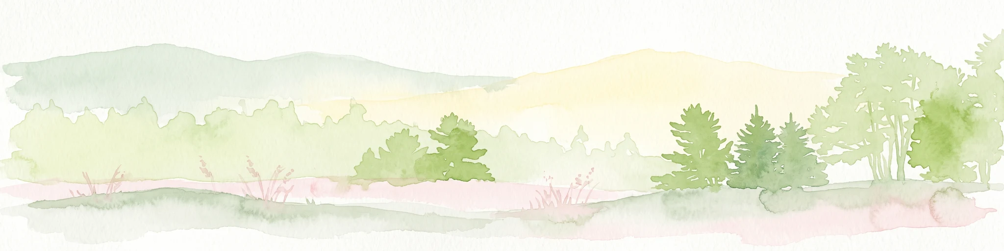 A horizontal watercolor painting showing a pale landscape with faint rolling hills in the background and soft green tree silhouettes in the foreground.