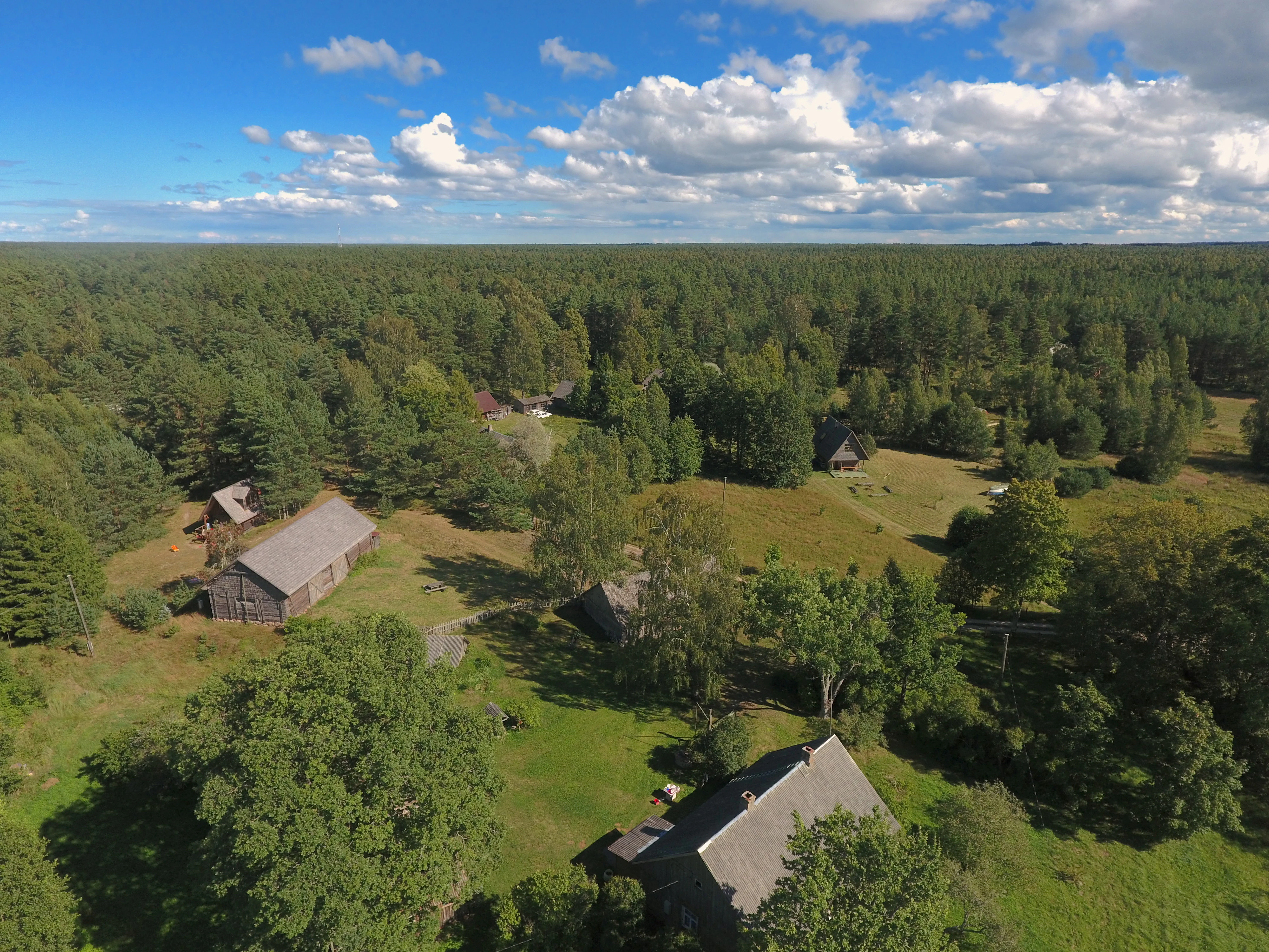 Aerial view of a forested area with several buildings, green fields, and trees under a partly cloudy sky.