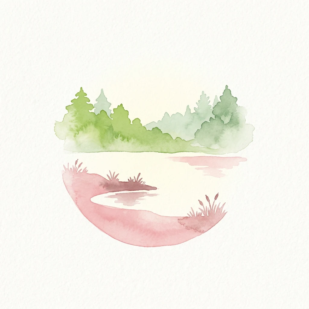 Watercolor illustration of a small lake surrounded by grassy banks and a forested shoreline with green trees