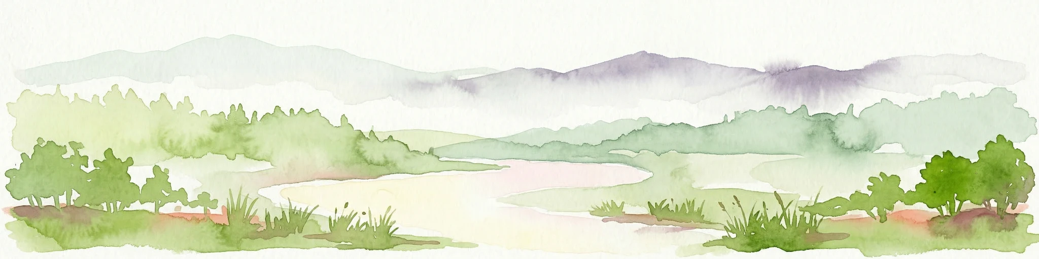 Ilustración acuarela de un río fluyendo a través de un paisaje boscoso con montañas al fondo