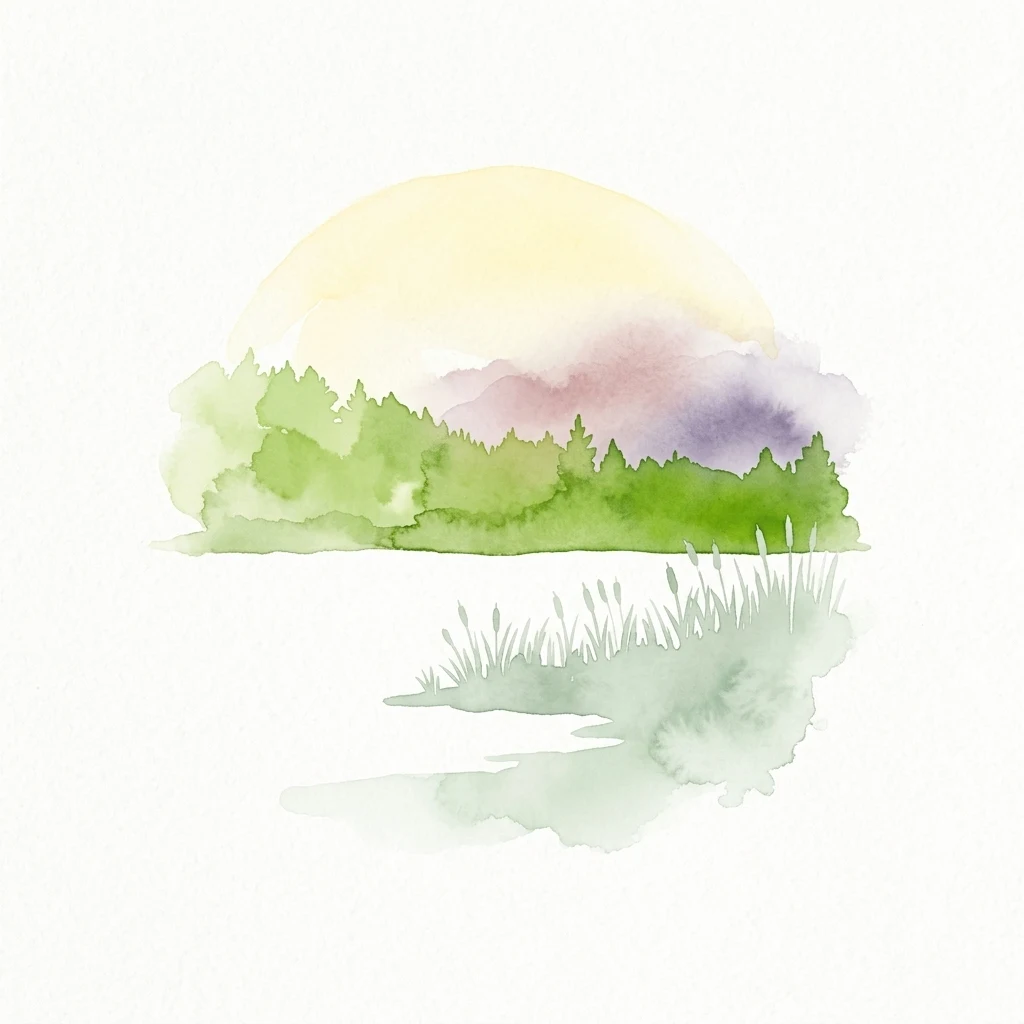 Ilustración en acuarela que muestra una puesta de sol sobre una zona boscosa con una masa de agua y una orilla cubierta de hierba