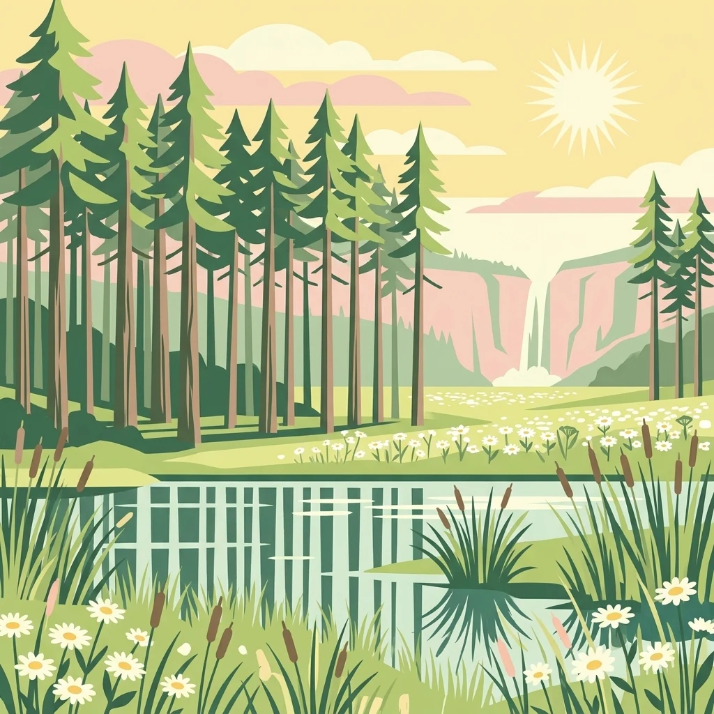 Stylized illustration of a forested wetland with a lake, tall pine trees, wildflowers, and a waterfall in the background under a sunny sky