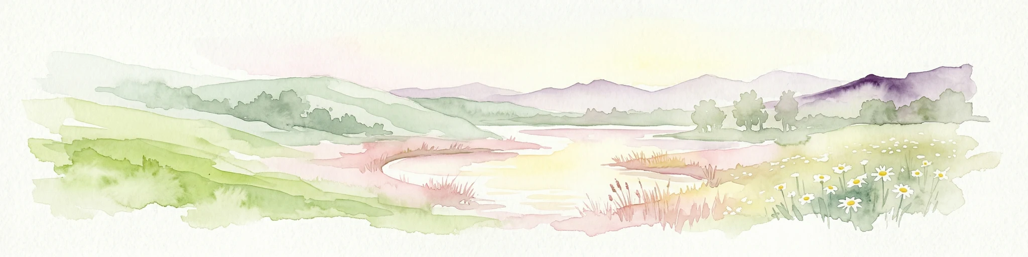 Ilustración en acuarela de un paisaje con campos verdes, una masa de agua y montañas a lo lejos