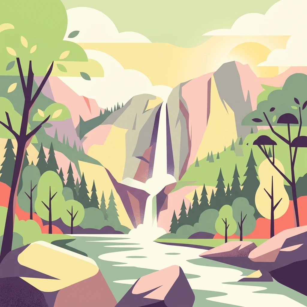 Ilustración que muestra una cascada cayendo en un río con árboles y montañas al fondo