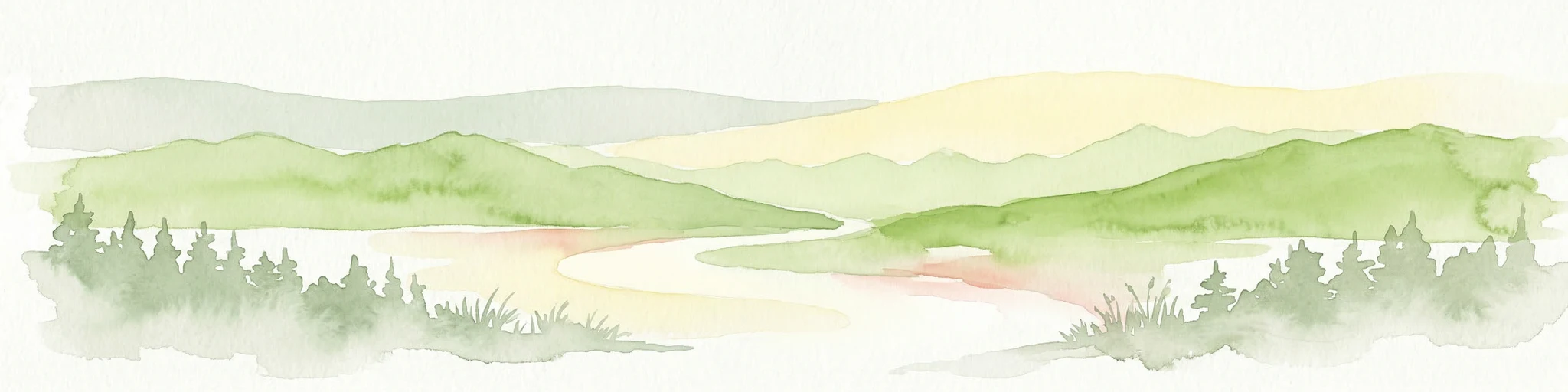 Ilustración acuarela de un río serpenteante a través de colinas verdes onduladas con árboles en primer plano