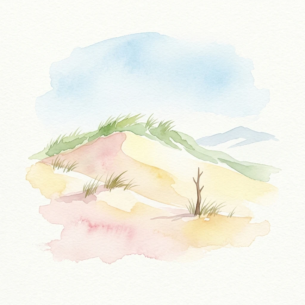 Watercolor painting of sand dunes with patches of grass and a small tree against a light blue sky.