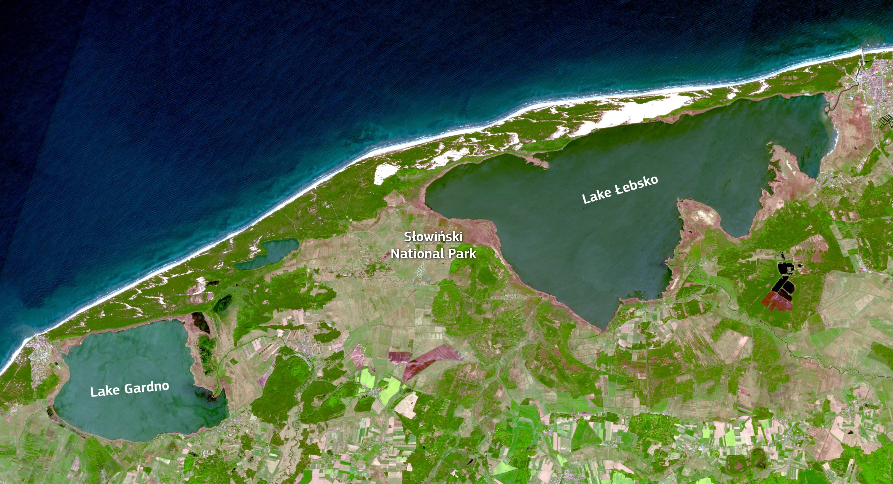Satellite image of Slovincian National Park in Poland with visible Lake Łasoko, Lake Gardno, and Baltic Sea coastline
