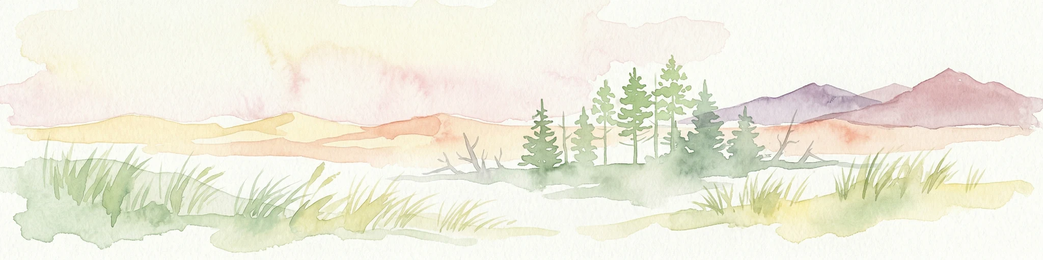 Ilustración acuarela de dunas de arena, hierbas altas, pinos y montañas distantes bajo un cielo suave