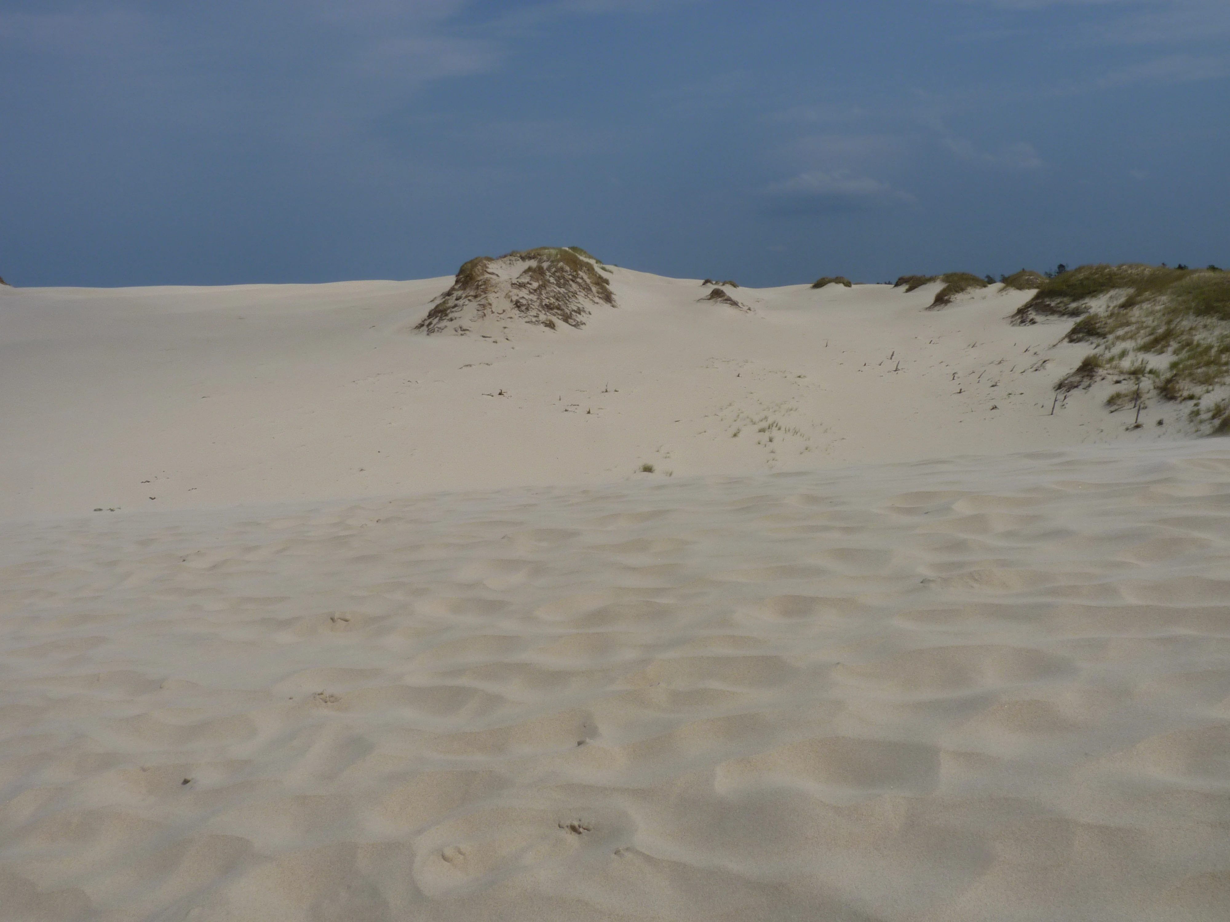 A wide view of smooth sand dunes with rippled patterns and patches of grass under a partly cloudy sky