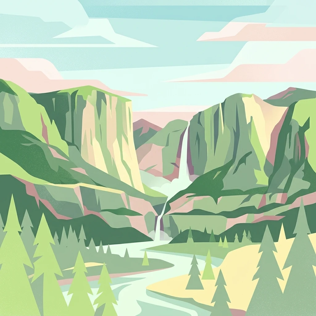 A graphic illustration showing a stylized mountain landscape with a cascading waterfall flowing into a river through a green valley surrounded by evergreen trees.