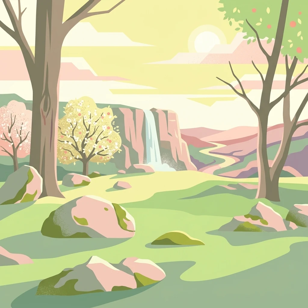 A stylized vector illustration of a park landscape with large, rounded boulders in the foreground, two trees, and a waterfall cascading down a cliff face in the background.