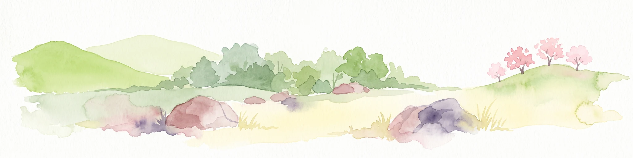 A watercolor painting showing a rolling landscape with green hills, scattered trees, blossoming pink trees, and several large dark boulders in the foreground.