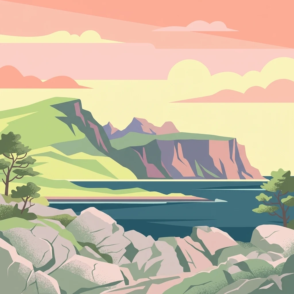 A digital illustration of a coastal landscape with green grassy cliffs, dark blue water, and rocky foreground elements under a soft sunset-toned sky.