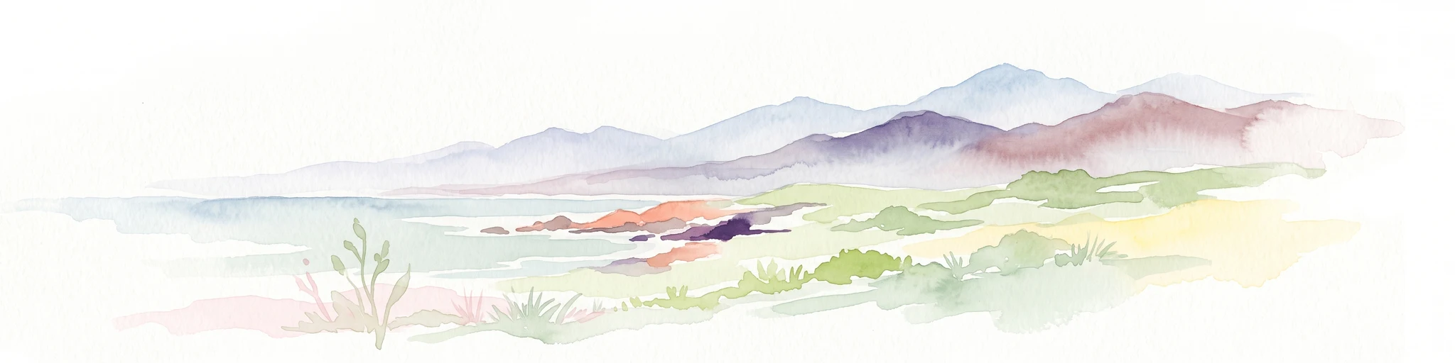 Watercolor painting of a coastal landscape with distant mountains, a rocky shoreline, and light foreground vegetation on a white background.