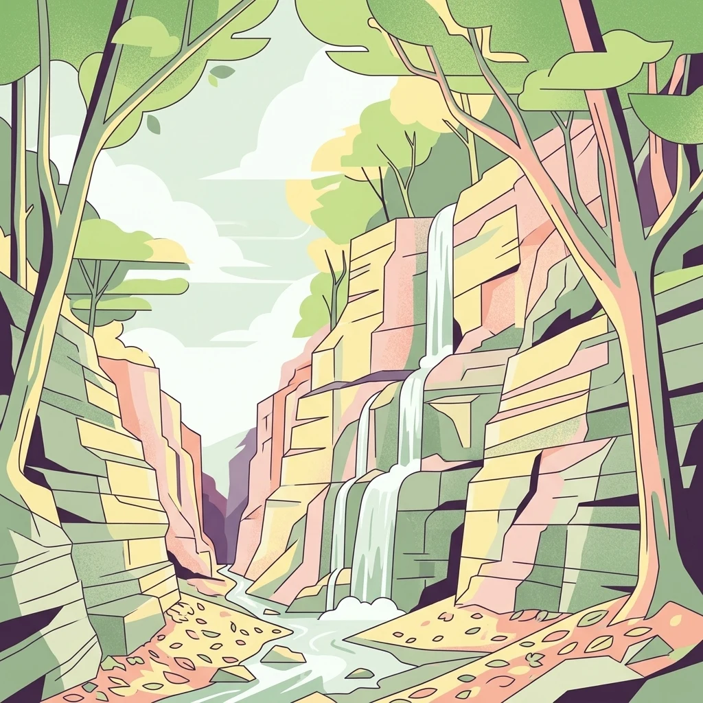 Una ilustración de arte plano y estilizado que muestra un cañón estrecho con paredes rocosas en capas, una pequeña cascada que fluye hacia un arroyo y árboles que enmarcan la escena.
