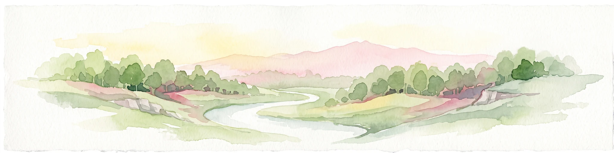 A horizontal watercolor painting showing a winding stream flowing through a lush, green valley with rolling hills and distant mountains under a soft light.