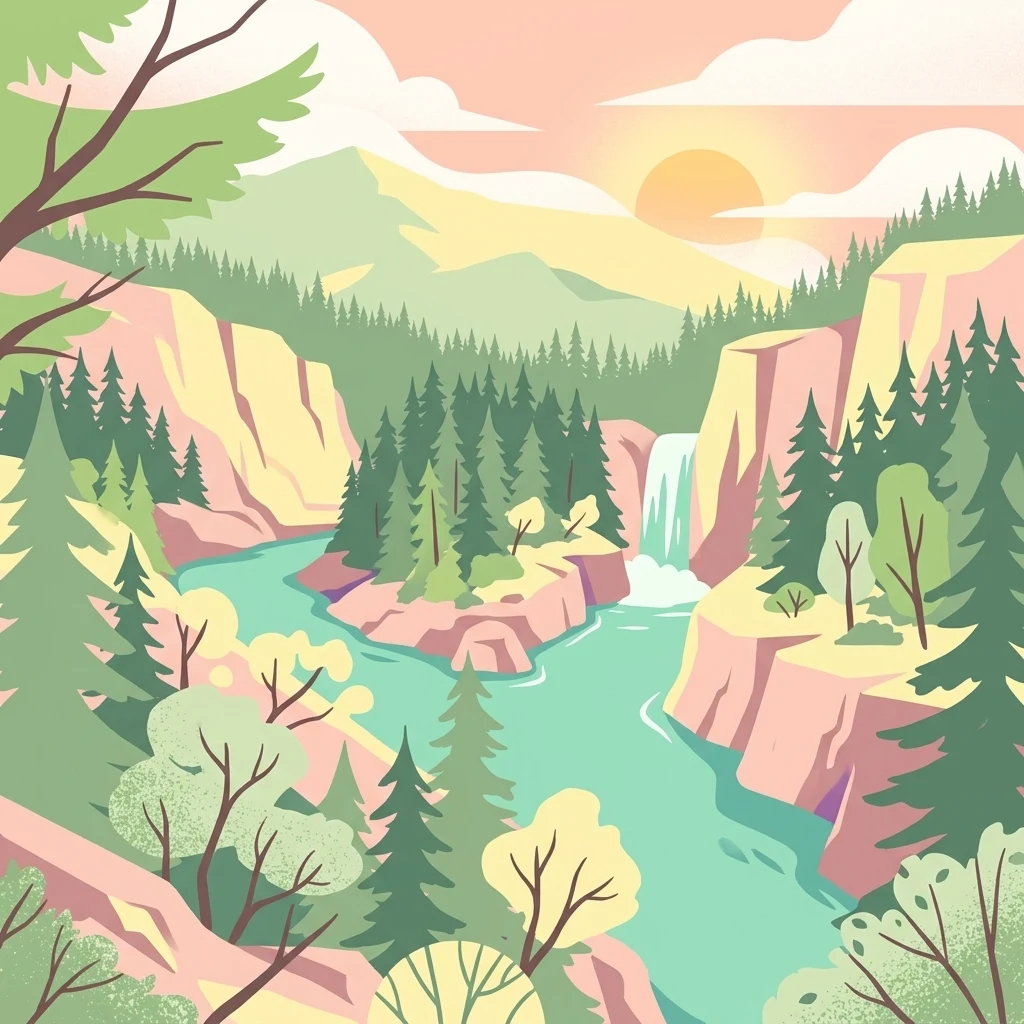 A stylized illustration of a river canyon at sunset with tall pine trees, rocky cliffs, and a small waterfall flowing into the river.
