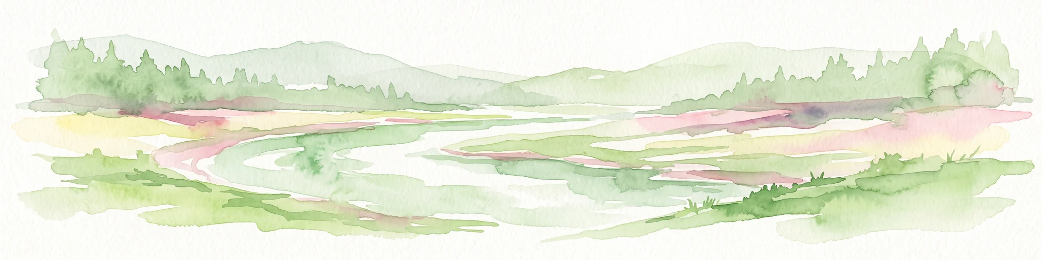 A horizontal watercolor illustration showing a winding river flowing through a lush green valley with rolling hills in the background.