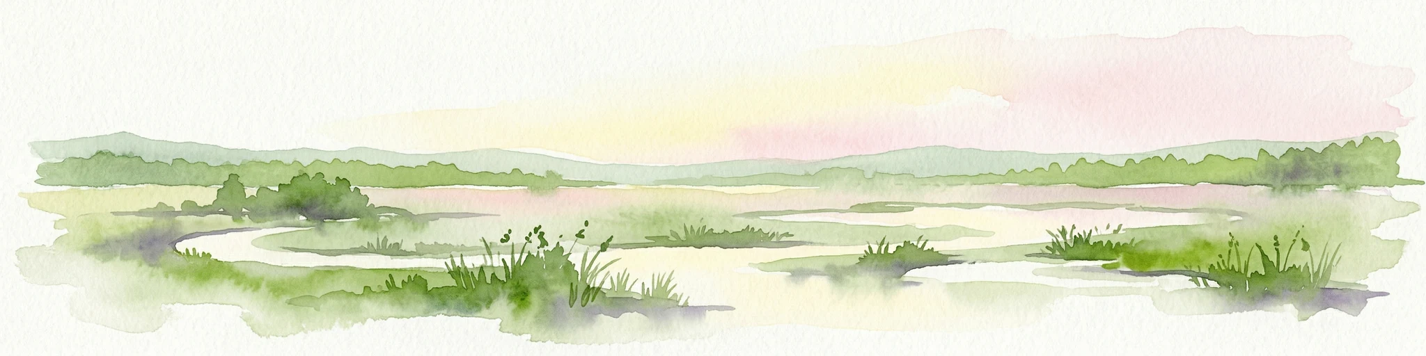 Pintura de acuarela de un río serpenteando a través de humedales herbáceos con colinas distantes bajo un cielo pastel