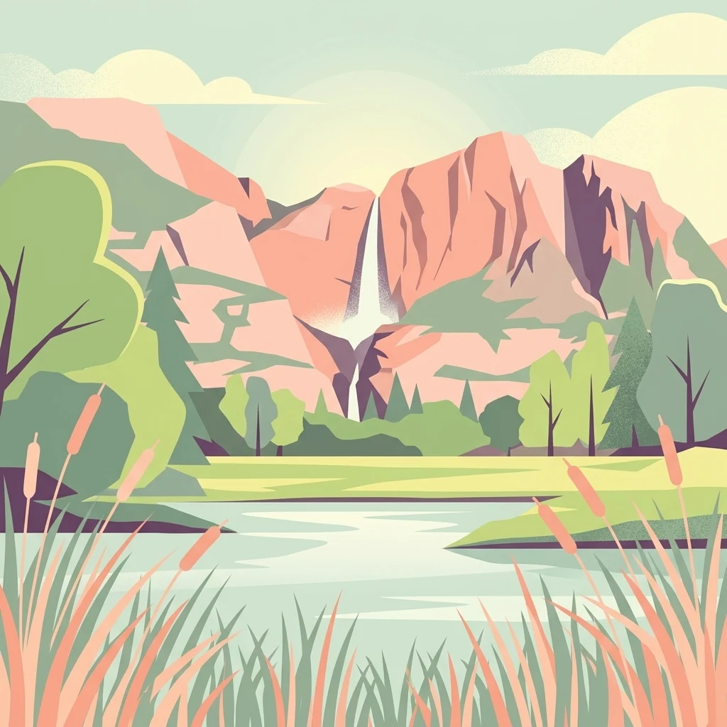 A flat-style vector illustration depicting a lake or wetland in the foreground with reeds, surrounded by green trees, with a large waterfall cascading down pink mountain cliffs in the background.