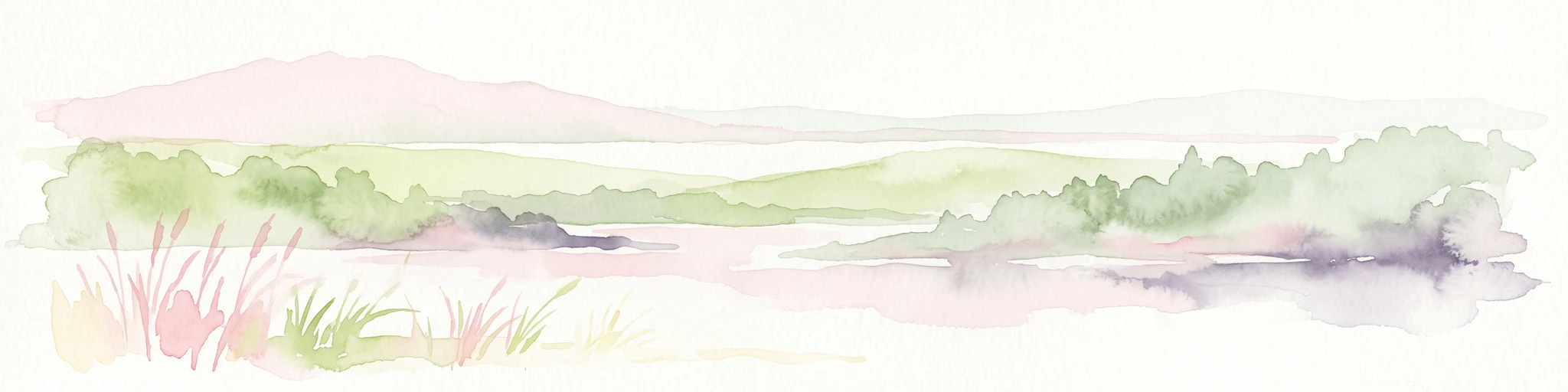 Una acuarela pálida que representa un paisaje pantanoso con colinas verdes onduladas, hierbas altas en primer plano y una masa de agua tranquila, realizada en suaves tonos pastel.