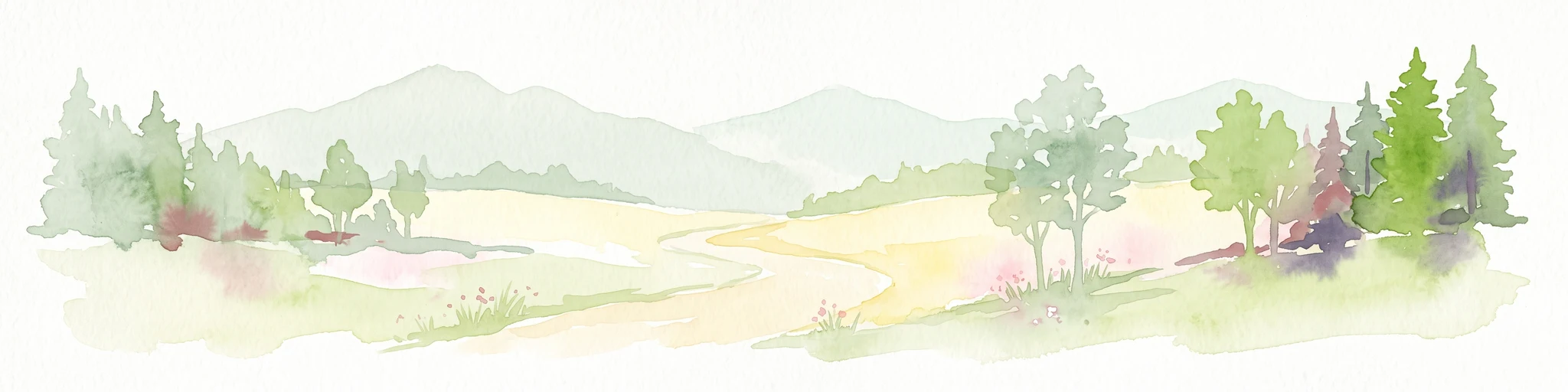 Una ilustración horizontal en acuarela que muestra un paisaje de tonos suaves con árboles verdes en primer plano, campos ondulados de amarillo verdoso en el plano medio y montañas difusas al fondo.
