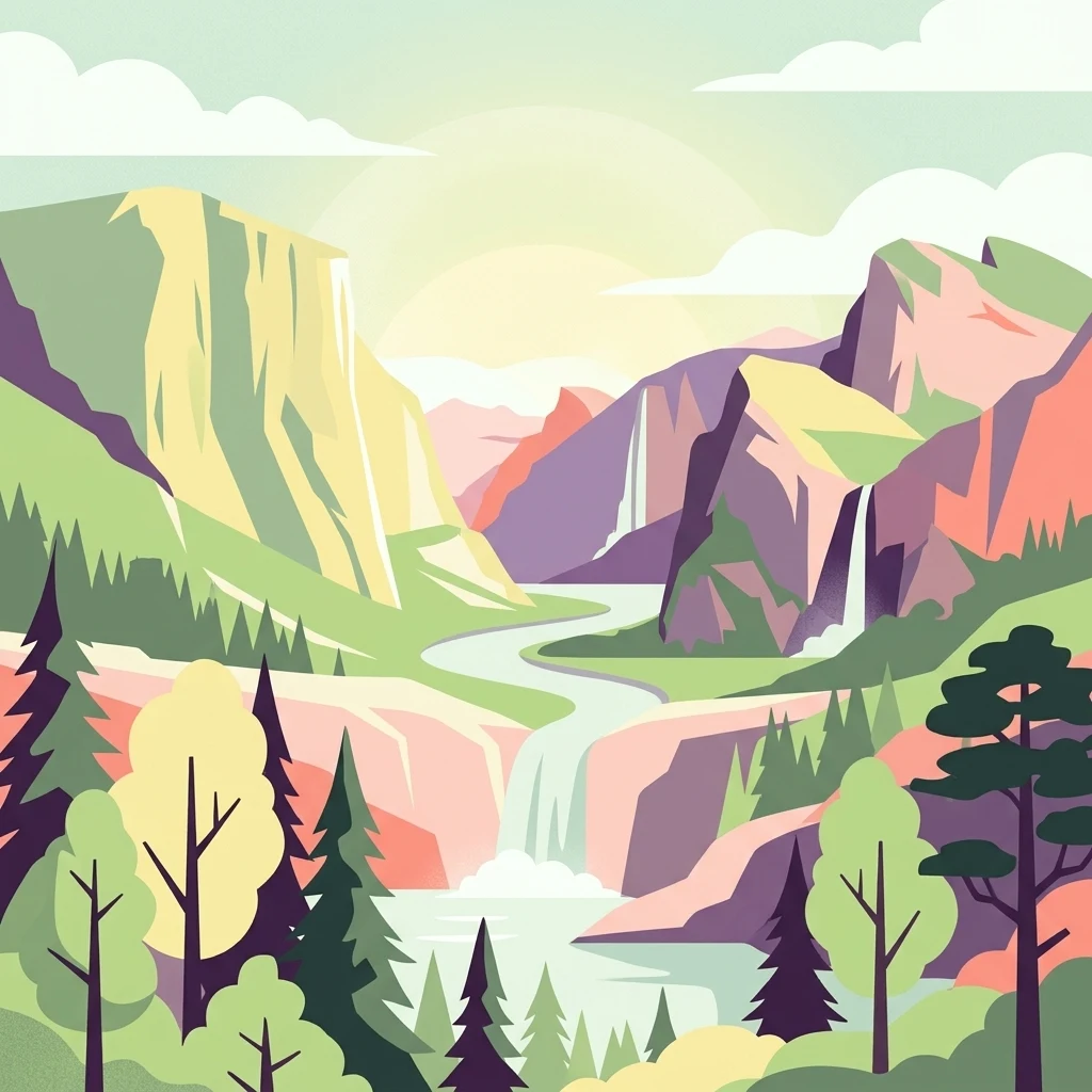 A graphic illustration showing a river winding through a valley flanked by steep, colorful mountains, with waterfalls, dense forests, and a soft sunrise sky.