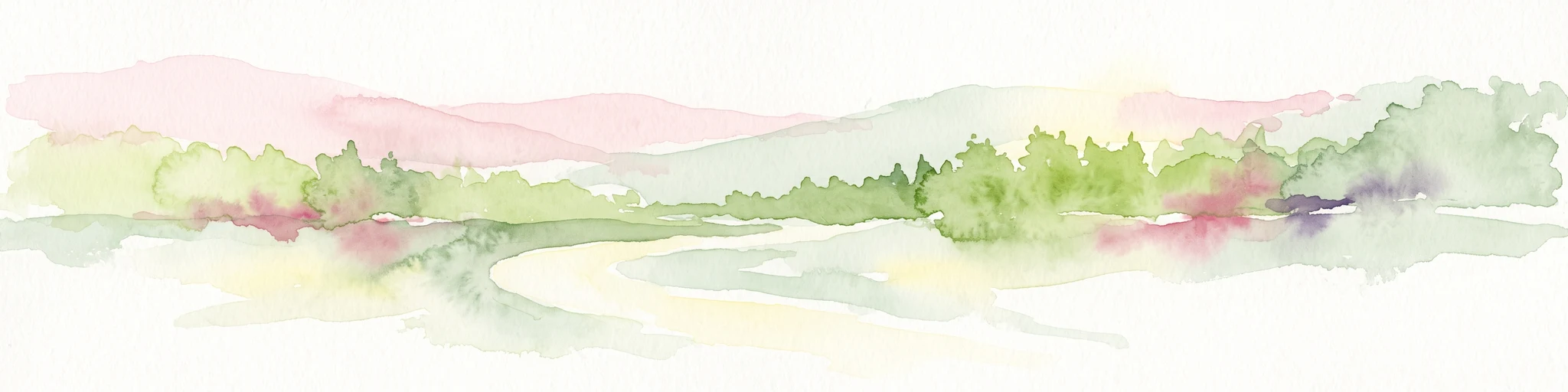 Una pintura en acuarela de un paisaje fluvial con colinas onduladas al fondo y vegetación suave a lo largo de las orillas.