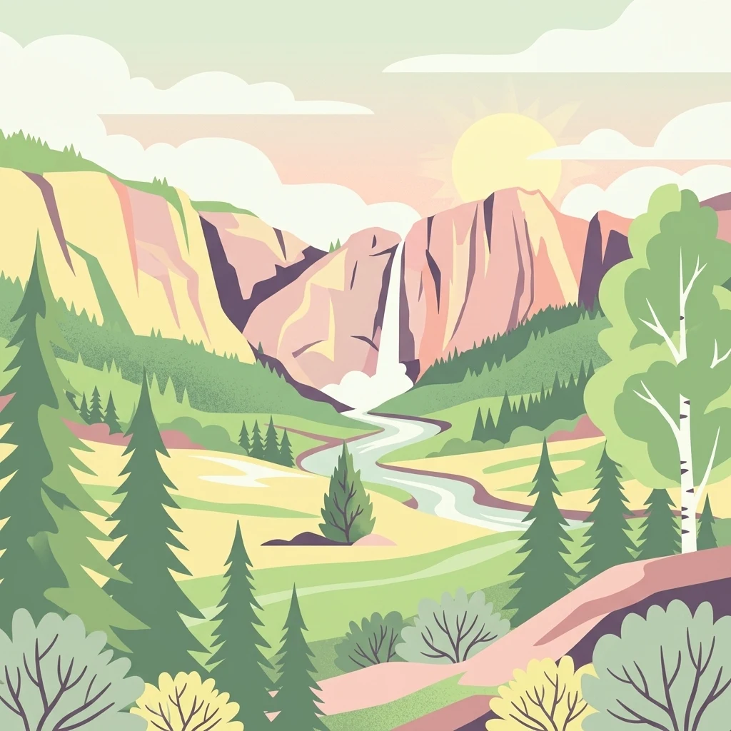 A flat-style digital illustration of a mountain valley featuring a waterfall cascading between cliffs, a winding river, and pine forests under a soft sun.