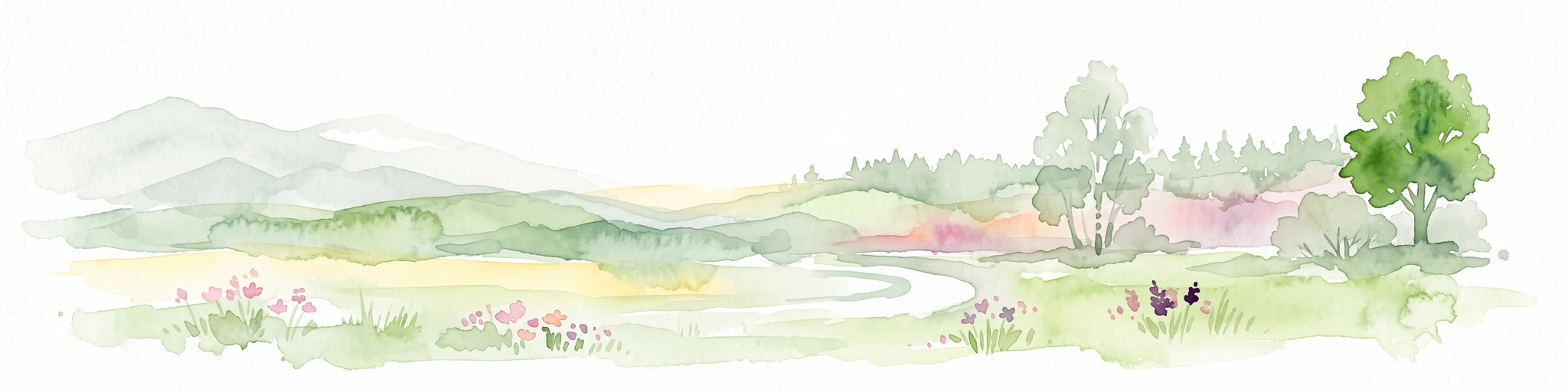 A watercolor painting showing a panoramic view of soft rolling green hills, a small stream, and wildflowers in the foreground.